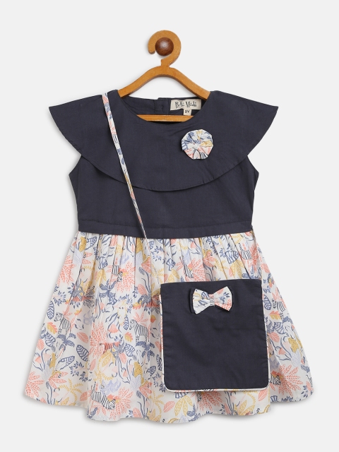 

Bella Moda Girls Navy Blue & White Colourblocked & Floral Print A-Line Dress