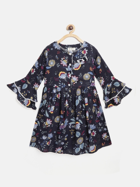 

Bella Moda Girls Navy Blue Floral Print A-Line Dress