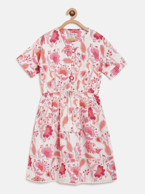 

Bella Moda Girls White & Pink Ethnic Print Fit and Flare Dress