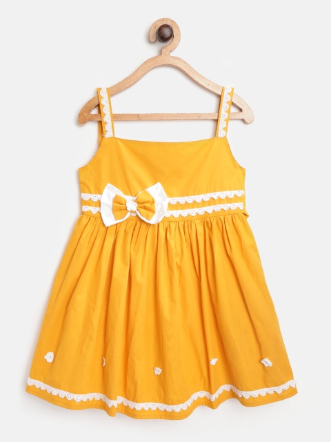 

Bella Moda Girls Mustard Yellow Solid A-Line Dress with Lace Inserts Detail