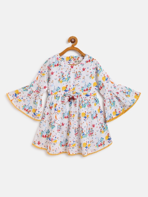 

Bella Moda Girls White & Blue Floral Print A-Line Dress with Waist Tie-Up Detail