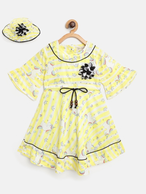 

Bella Moda Girls Yellow & White Unicorn Print Fit and Flare Dress with Bucket Hat
