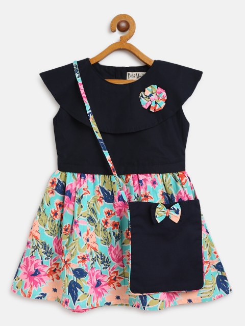 

Bella Moda Girls Navy Blue & Turquoise Blue Floral Print A-Line Dress with Sling Bag