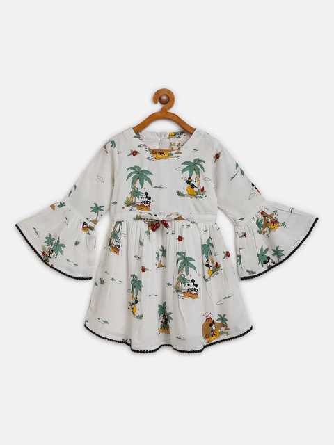 

Bella Moda Girls White & Green Tropical Printed A-Line Dress