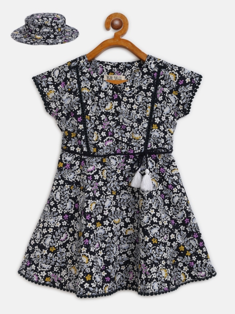 

Bella Moda Girls Navy Blue & White Floral Printed Fit & Flare Dress with Hat
