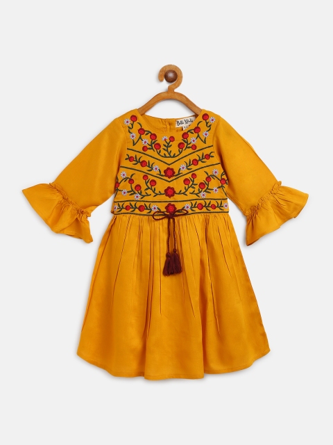 

Bella Moda Girls Mustard Yellow & Teal Blue Embroidered Fit & Flare Dress