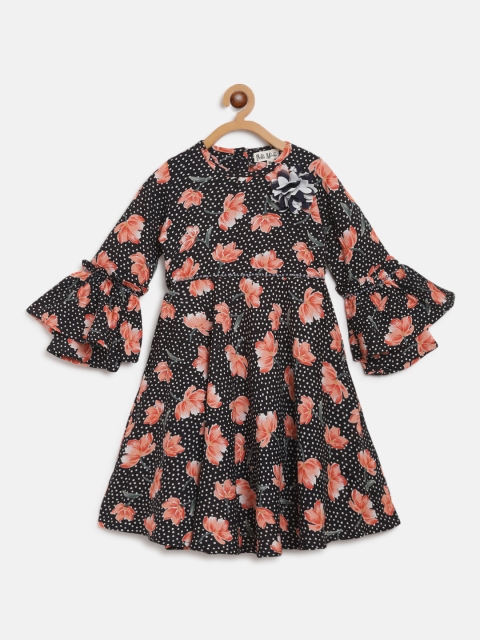 

Bella Moda Girls Black & White Polka Dot Floral Print A-Line Dress