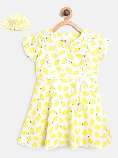 

Bella Moda Girls White & Yellow Lemon Printed A-Line Dress with Hat