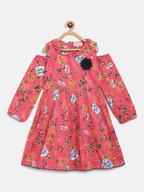 

Bella Moda Girls Pink & White Floral Print Cold-Shoulder Fit and Flare Dress
