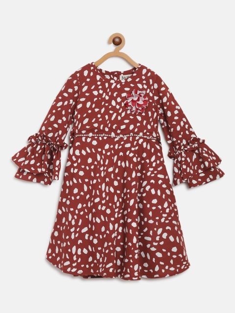 

Bella Moda Girls Rust Brown & White Geometric Print A-Line Dress