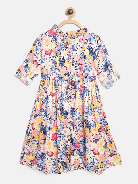 

Bella Moda Girls Blue & Pink Floral Print A-Line Dress, Navy blue