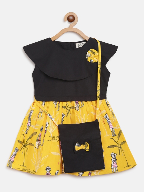 

Bella Moda Girls Yellow & Navy Blue Floral Printed Fit & Flare Dress with Sling Bag