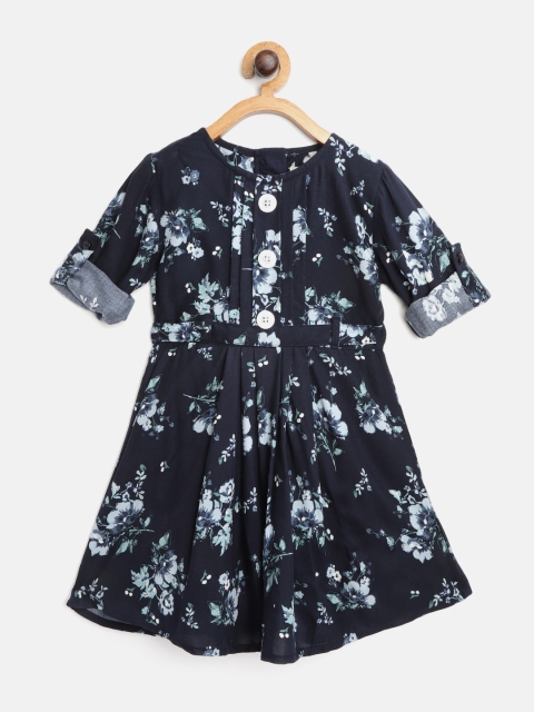 

Bella Moda Girls Navy Blue & Sea Green Floral Printed Fit & Flare Dress