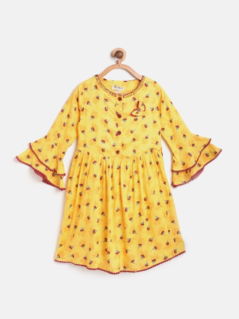 

Bella Moda Girls Yellow & Maroon Floral Print A-Line Dress with Attached Belt