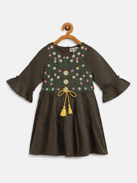 

Bella Moda Girls Olive Green & Yellow Embroidered A-Line Dress