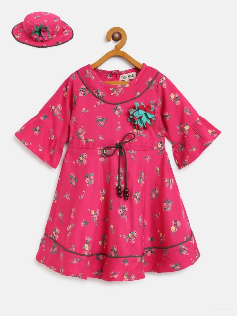 

Bella Moda Girls Pink & Green Floral Print A-Line Dress with Matching Hat