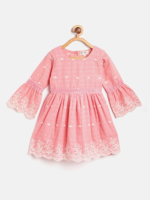 

Bella Moda Girls Peach-Coloured Floral Embroidered Dobby Weave Fit & Flare Dress