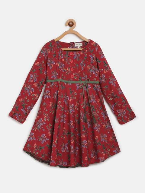 

Bella Moda Girls Maroon & Green Floral Print Fit and Flare Dress