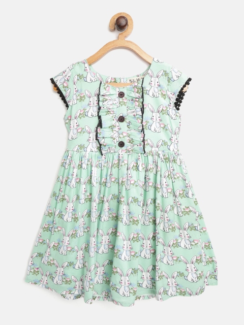 

Bella Moda Girls Green & White Rabbit Print Fit and Flare Dress