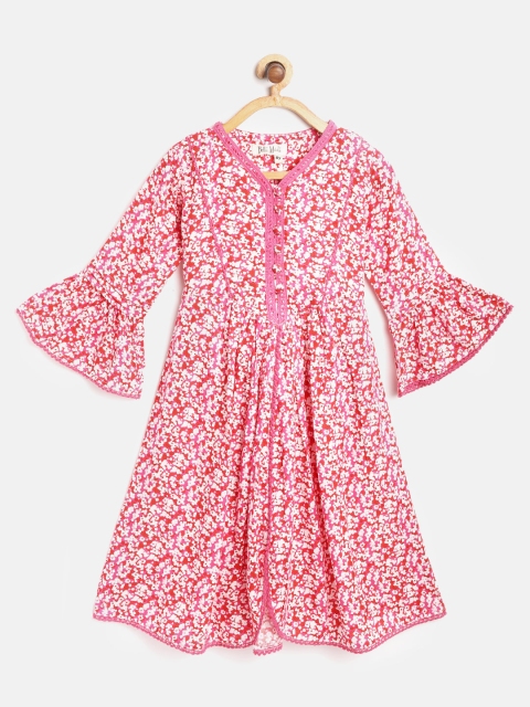 

Bella Moda Girls Pink & White Floral Print A-Line Dress with Attached Belt