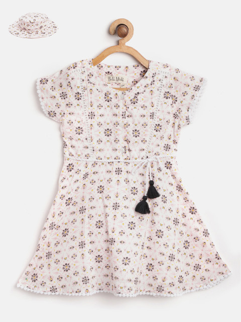 

Bella Moda Girls White & Pink Floral Printed A-Line Dress with Hat