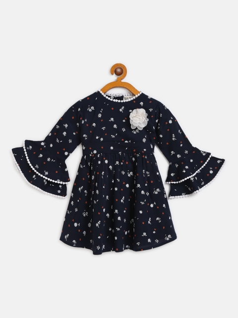 

Bella Moda Girls Navy Blue & White Floral Print A-Line Dress with Floral Corsage Applique, Black