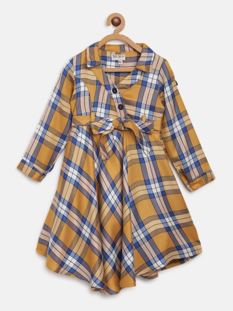 

Bella Moda Girls Mustard Yellow & Blue Checked Fit & Flare Dress with Belt