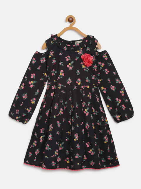 

Bella Moda Girls Black & Pink Floral Print Fit and Flare Dress with Applique Detail