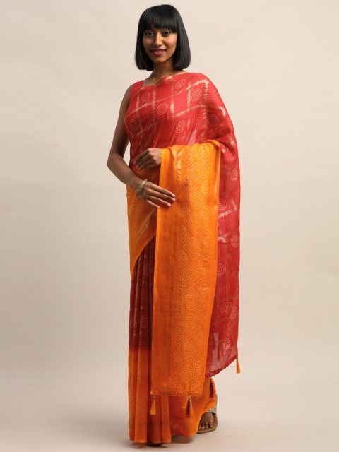 

Mirchi Fashion Mustard & Maroon Supernet Printed Bandhani Saree