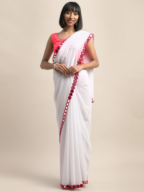 

MIRCHI FASHION White Solid Saree with Mirror Work