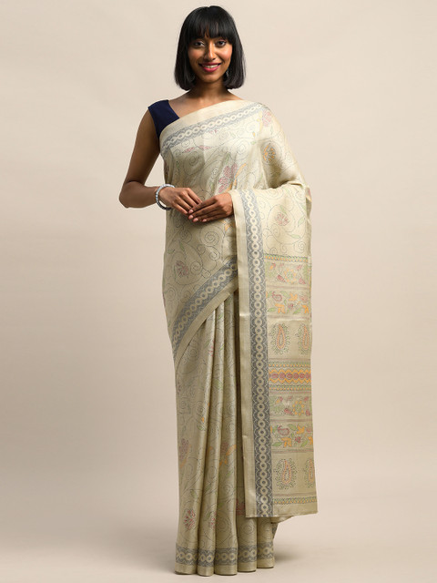 

Kalini Cream-Coloured & Grey Poly Silk Floral Kalamkari Printed Saree
