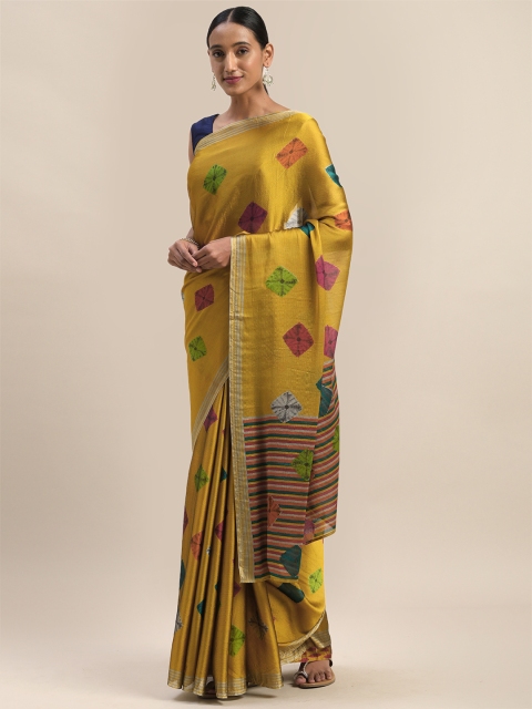 

Mirchi Fashion Mustard Yellow & Green Poly Chiffon Printed Bandhani Saree