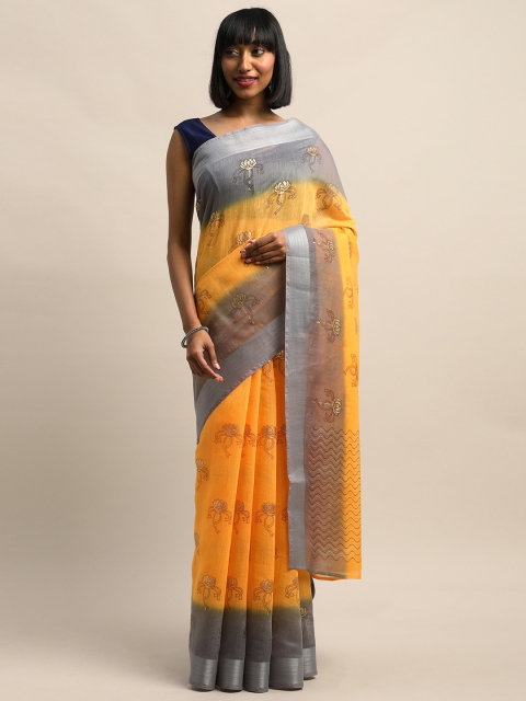 

Mirchi Fashion Mustard Yellow & Grey Polycotton Floral Printed Saree