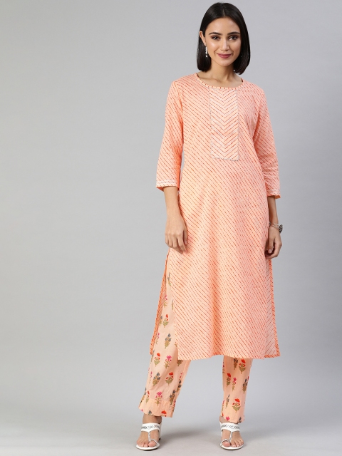 

AHIKA Women Peach-Coloured & Orange Striped Kurta with Pyjamas