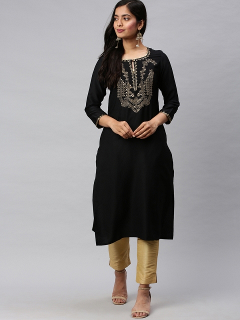 

AHIKA Women Black Yoke Design Embroidered Straight Kurta