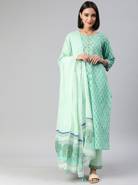 

AHIKA Women Sea Green & Purple Printed Kurta with Pyjamas & Dupatta