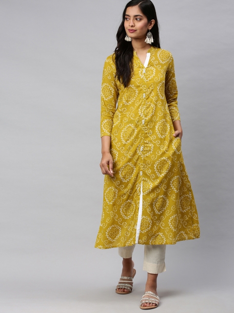 

AHIKA Women Mustard Yellow Printed A-Line Kurta