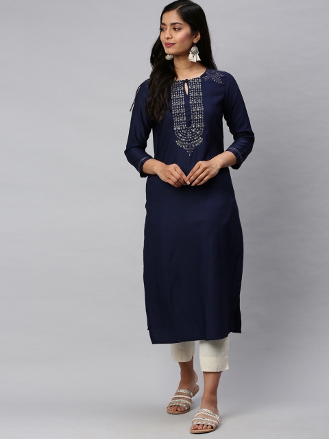 

AHIKA Women Blue & White Embroidered Straight Kurta