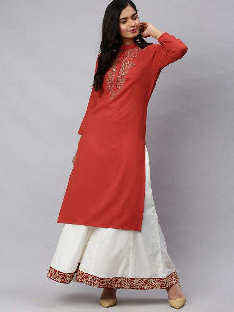 

AHIKA Women Red Solid Straight Kurta with Embroidered Detail