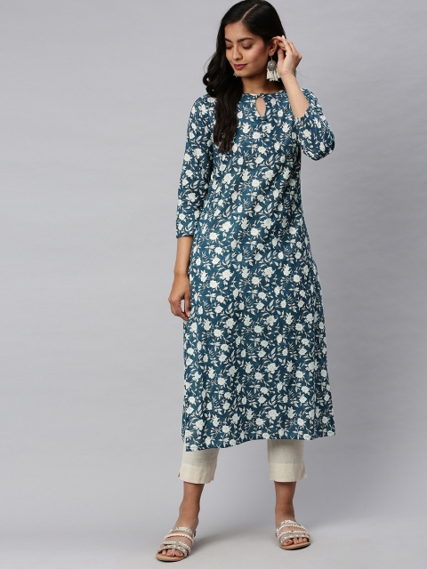 

AHIKA Women Navy Blue & White Printed Straight Kurta