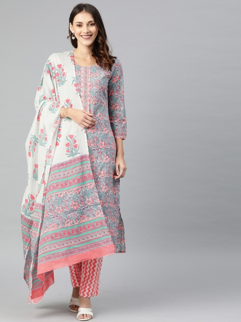 

AHIKA Women Blue & Pink Floral Printed Kurta with Trousers & Dupatta