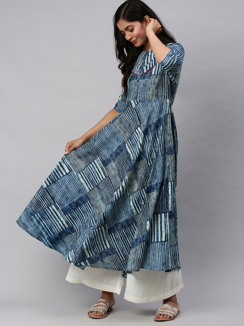 

AHIKA Women Navy Blue & White Striped A-Line Kurta
