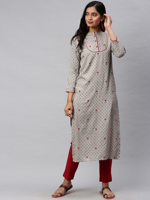 

AHIKA Women Beige with tinge of Grey Printed Straight Kurta