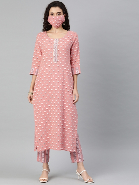 

AHIKA Women Pink White Floral Printed Kurta Set