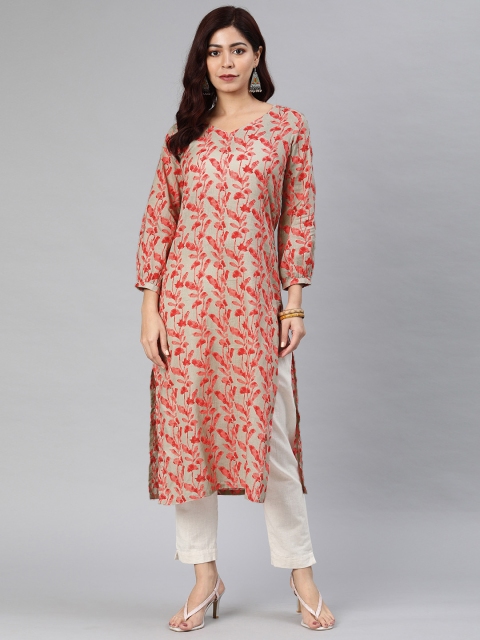 

AHIKA Women Beige & Red Printed Straight Kurta