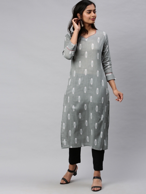 

AHIKA Women Grey & White Printed Straight Kurta