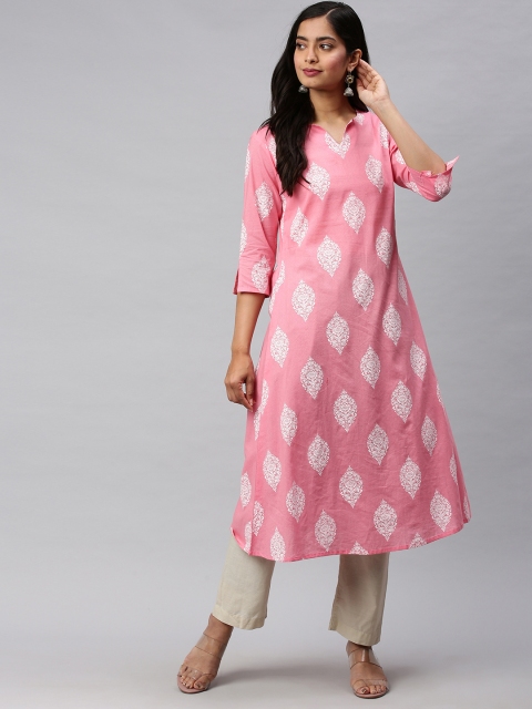 

AHIKA Women Pink & Off-White Printed Straight Kurta