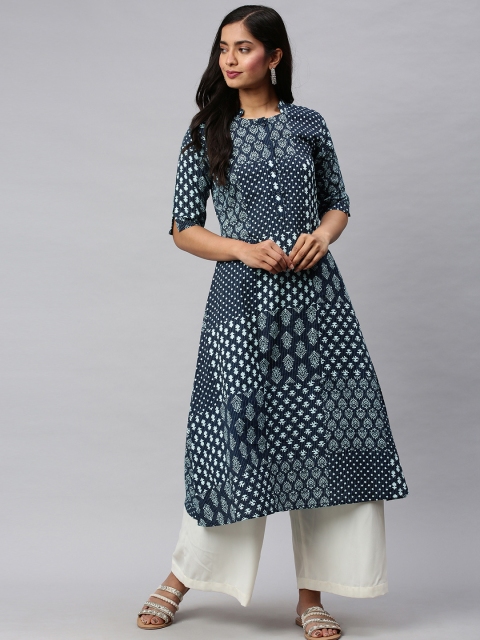 

AHIKA Women Navy Blue & White Printed A-Line Kurta