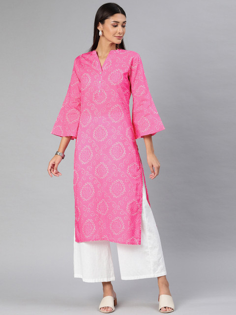 

AHIKA Women Pink & White Bandhani Printed Straight Kurta With Flared Sleeves