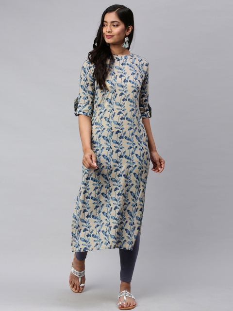 

AHIKA Women Beige & Blue Printed Straight Kurta